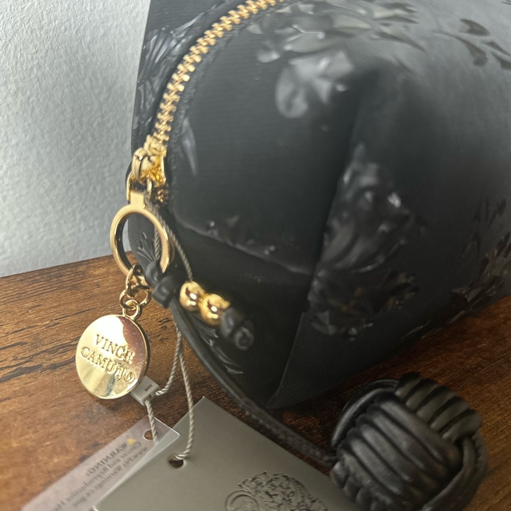 Vince Camuto Black Floral Embossed Cosmetic Bag Ball Charm Zipper Pull NWT - Picture 4 of 6